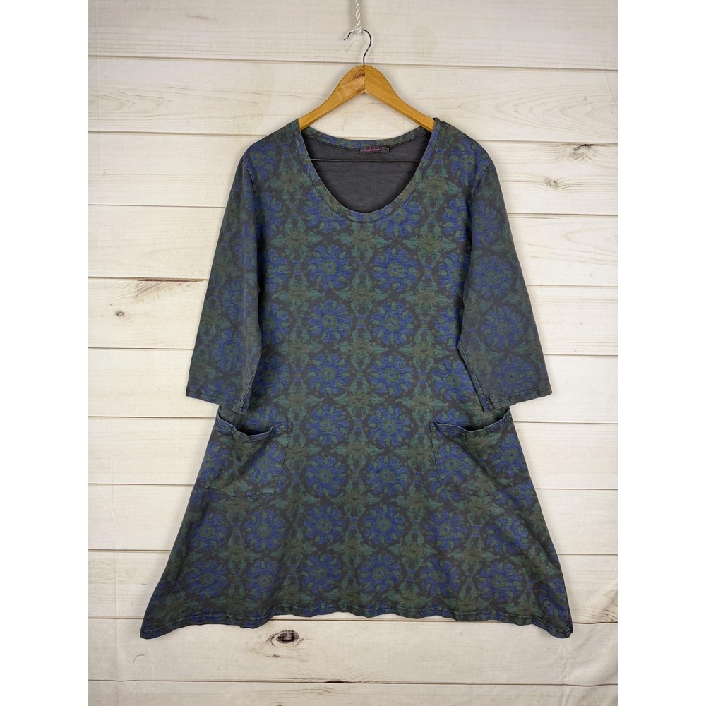 fresh produce Blue-Green Patterned Long Sleeve A-Line Dress